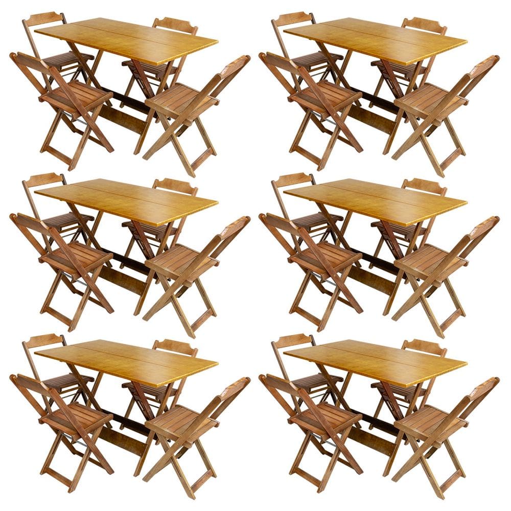 Kit 6 Conjuntos De Mesa Com 4 Cadeiras De Madeira Dobravel 120x70 Castanho