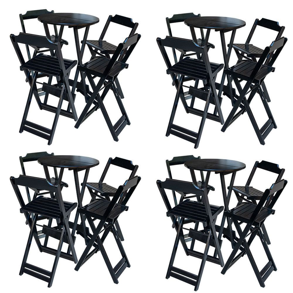 Kit 4 Jogos De Mesa Bistrô De Madeira Com 4 Cadeiras Dobravel Ideal Para Bar E Restaurante Preto