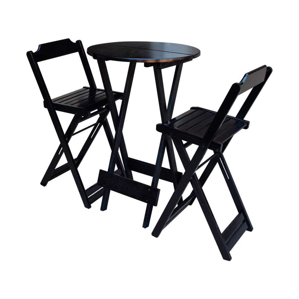 Jogo de Bistrô Dobrável em Madeira Maciça C/ 02 Banquetas Altas - Preto
