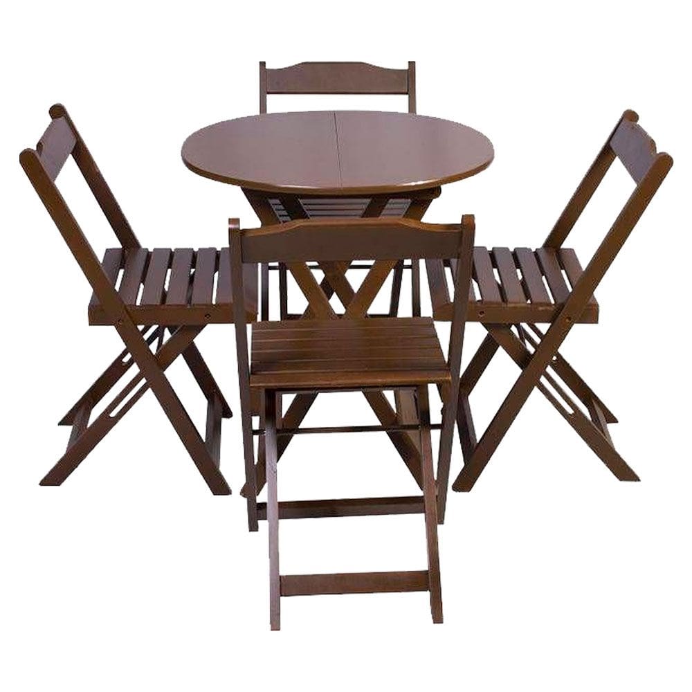 Conjunto de Mesa Dobrável 70x 70 em Madeira Maciça Tampo Redondo com 4 Cadeiras - Imbuia