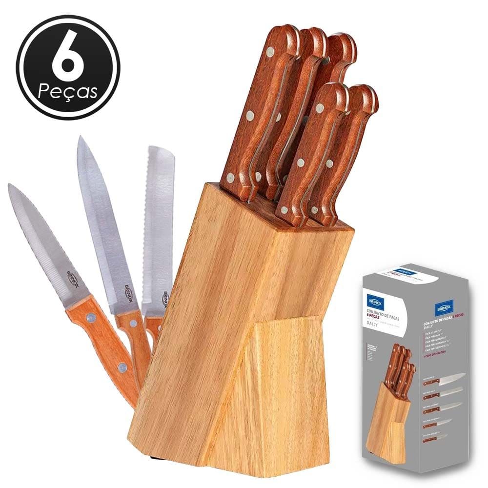 Conjunto De Facas Brinox 6 peças Daily Com Cepo De Madeira