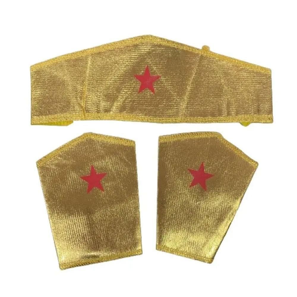 Kit Mulher Maravilha Tiara E Braceletes Dourado Fantasia
