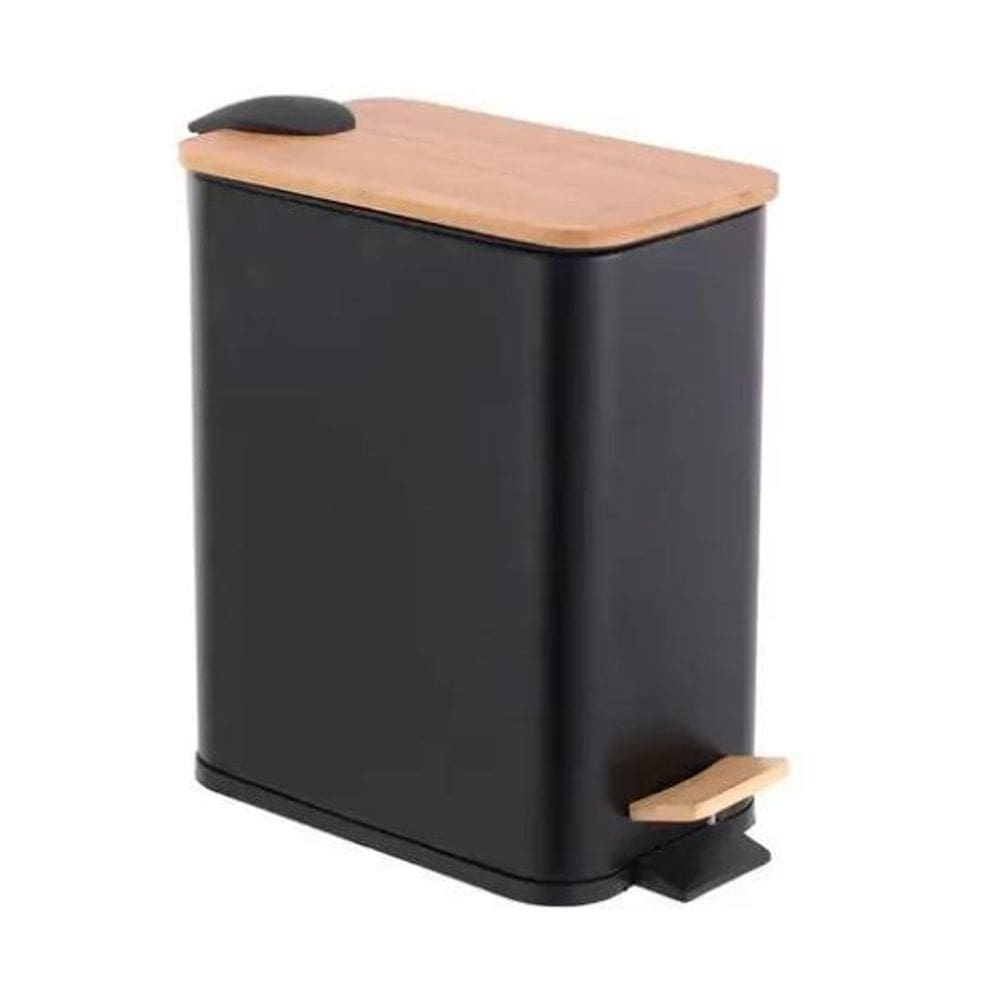 Lixeira Metal E Bambu Banheiro Cozinha Quadrada Preta 5L