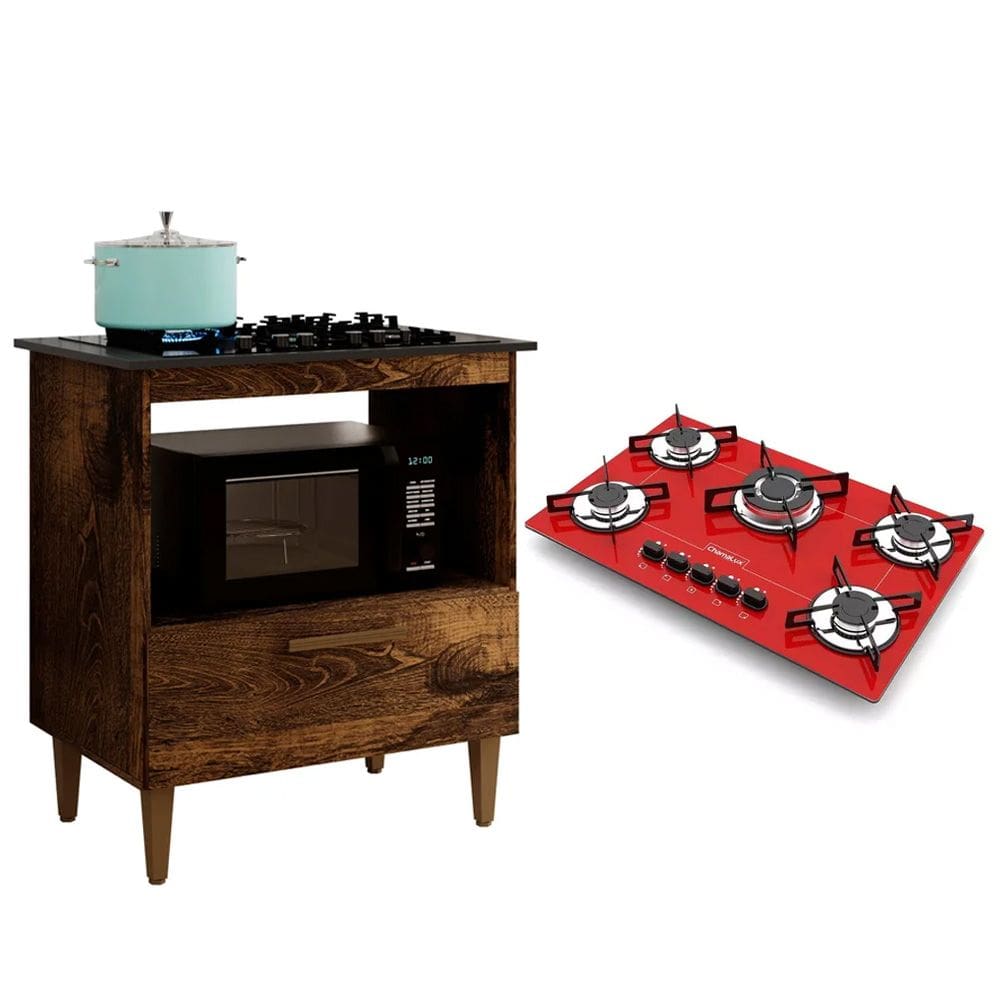 Kit Balcão para Cooktop Cozinha Kaiki Eliz Ypê com Fogão Cooktop 5 Bocas Tripla Chama Vermelho