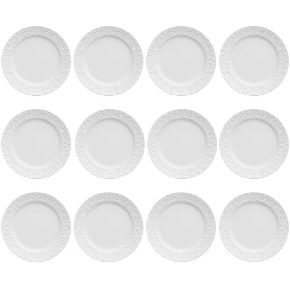 12 Pratos de Sobremesa 20,5cm Porcelana Tassel Germer Branco Redondo Mesa Posta