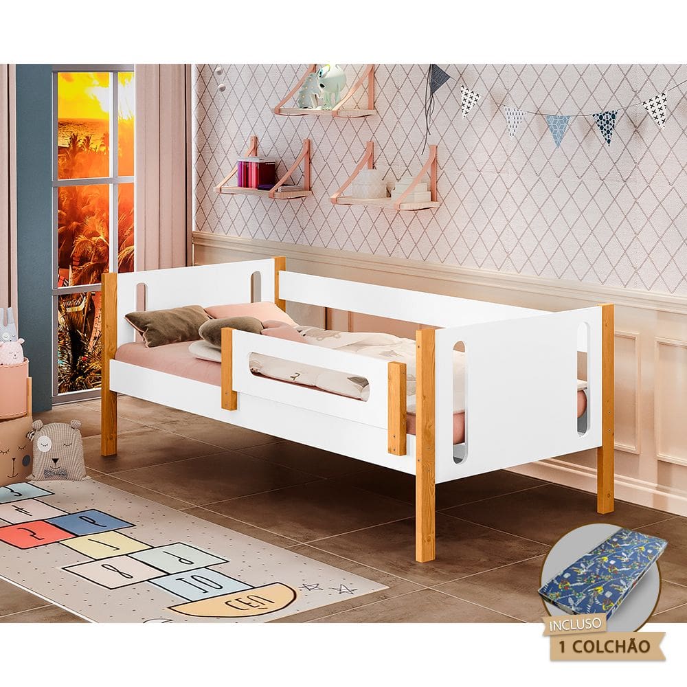 Cama de Solteiro Infantil Mirela Branca/Caramelo com Grade de Proteção e Colchão