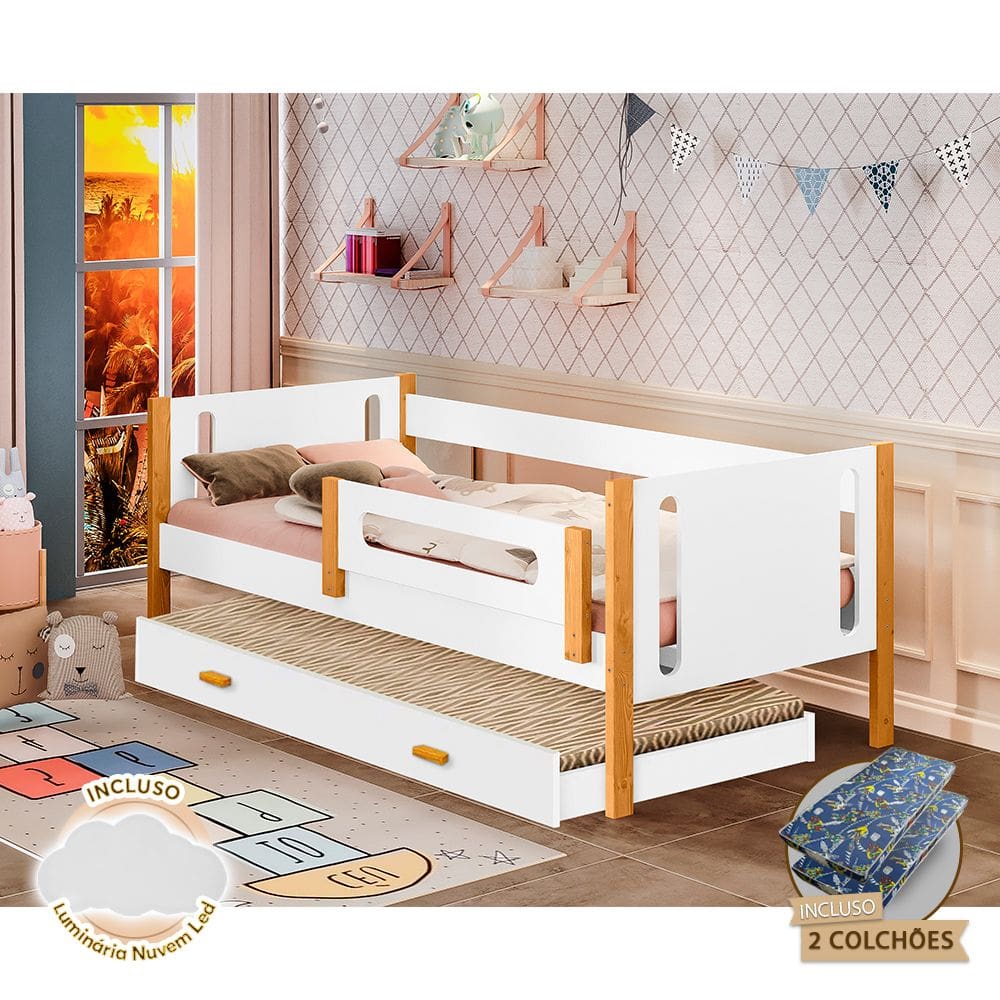Bicama Infantil com Grade de Proteção e Colchões Mirela Branca/Caramelo + Luminária Led