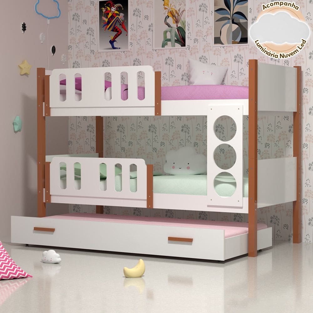 Beliche Infantil Solteiro Ônix com Cama Auxiliar - Branco Caramelo - Divaloto Móveis + Luminária Nuvem