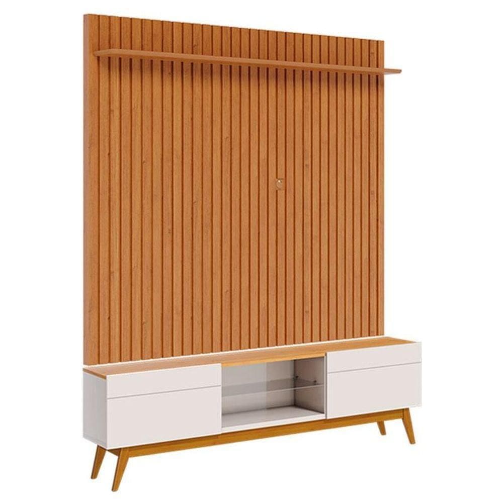 Rack Bancada Classic 2 Gavetas Com Painel Para Tv Suspenso Ripado Loft 1.8 Off White Nature - Imcal