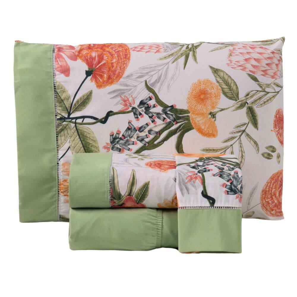 Jogo Cama Lençol Encanto Queen Estampado Percal 180 Fios c/ Ponto Palito 4 Peças - Floral - Verde