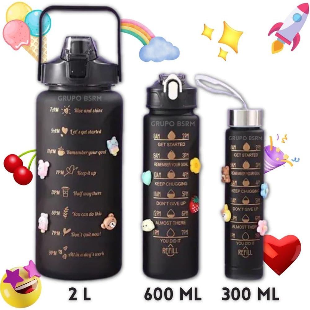 Garrafa de Agua Antivazamento Black 3 em 1 Academia Exercicios 2 Litros com Canudo