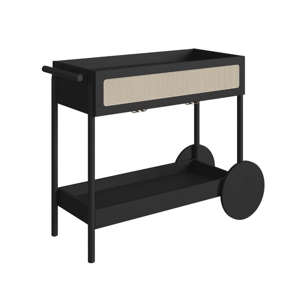 Carrinho Bar 1 Gaveta Oslo Artesano 112 cm (larg) MDP Nero Palha Sintética Bege Pé Madeira Maciça
