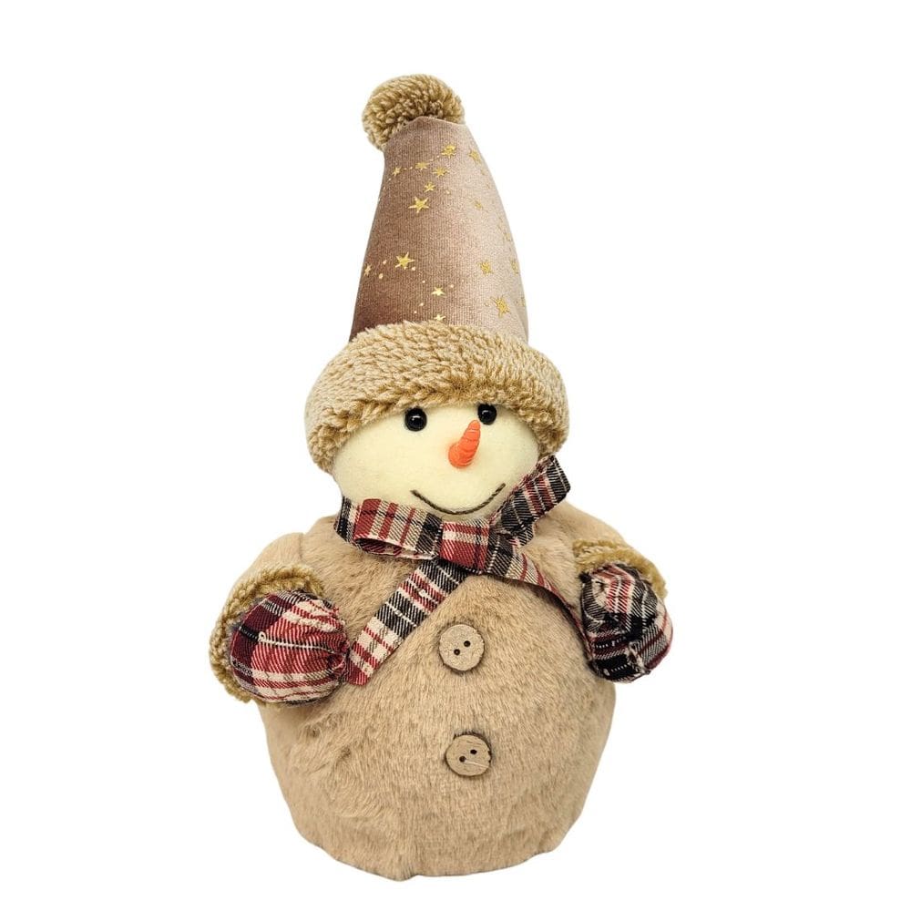 Boneco de Neve Decorativo Natal Pelúcia Marrom Claro Gravata e Luvas Xadrez 30cm - Master Christmas