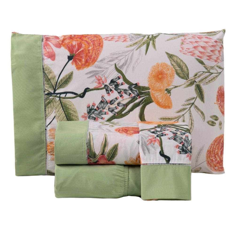 Jogo Cama Lençol Encanto Casal Padrão Estampado Percal 180 Fios c/ Ponto Palito 4 Peças - Floral - Verde