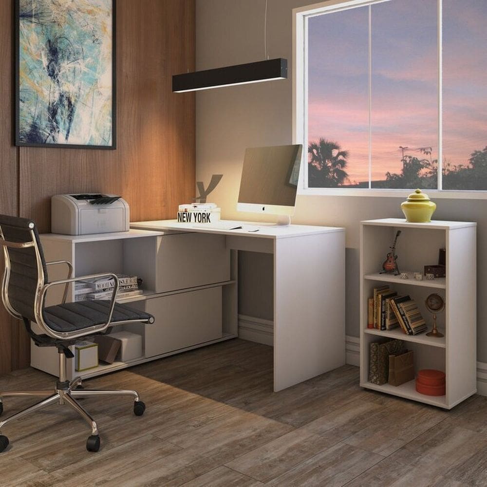 Kit 2 Peças com Escrivaninha em L com Portas de Correr Mingle e Estante com 3 Nichos Organizador Branco