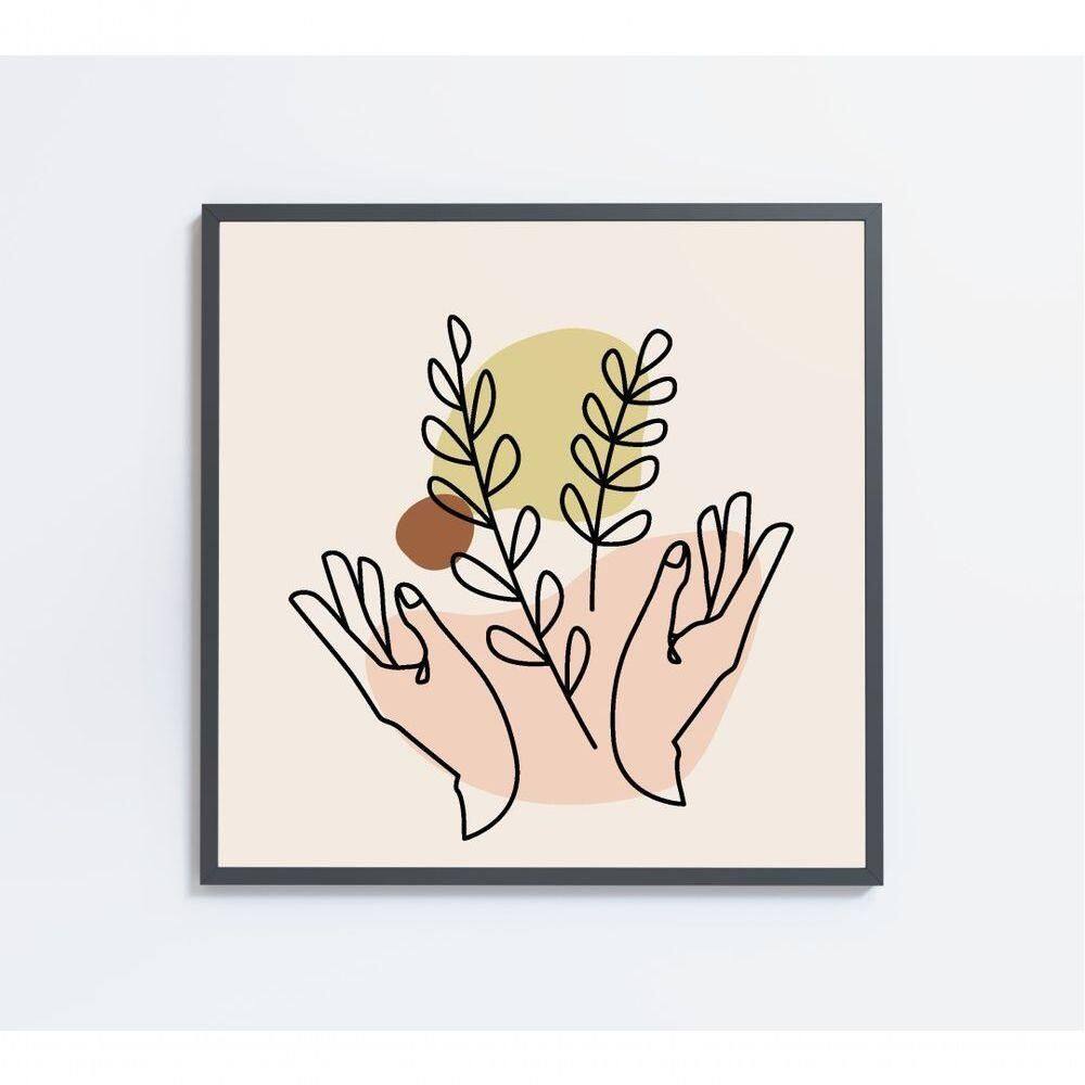 Quadro Feminino Silhueta Mãos Ramos Artística Contínua Medidas 40x40 Cm Impressão Adesivo Fotográfico