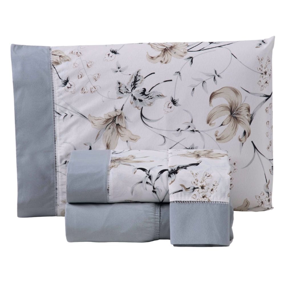 Jogo Cama Lençol Encanto Queen Estampado Percal 180 Fios c/ Ponto Palito 4 Peças - Floral - Cinza