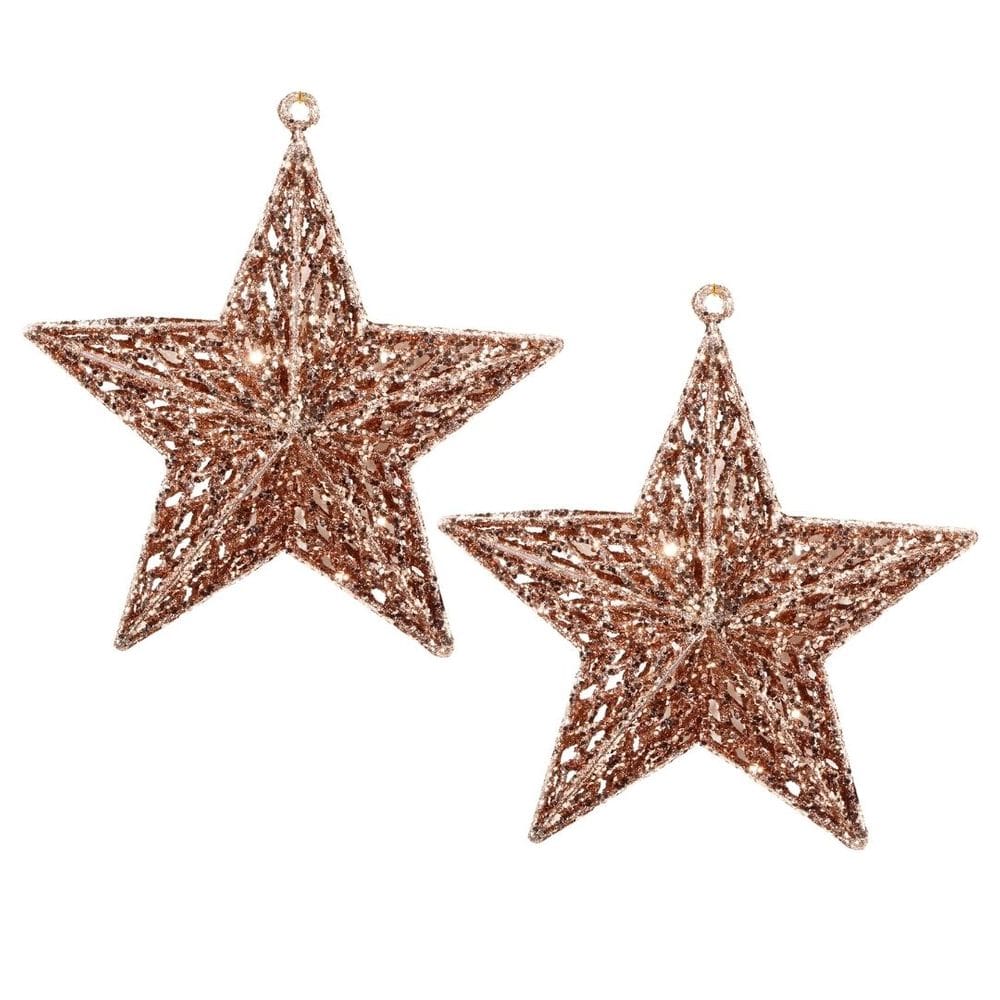 Kit 2 Estrelas Decorativas Natal Glitter Vazado Rosê Gold 18cm - Magizi