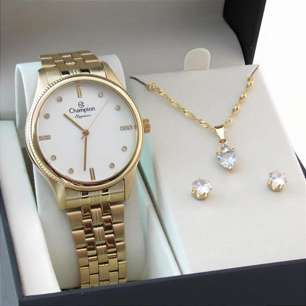 Kit Relógio Champion Feminino CN25841W Colar + Brincos