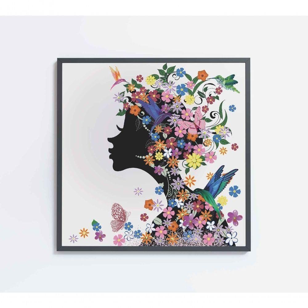 Quadro Desenho Mulher Com Flores Medidas 80x80 Cm Impressão Adesivo Fotográfico