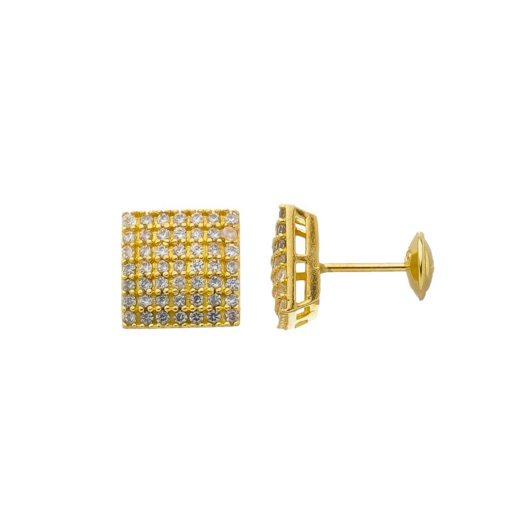 Brinco De Ouro 18k Retangular Cravejado Em Zircônia