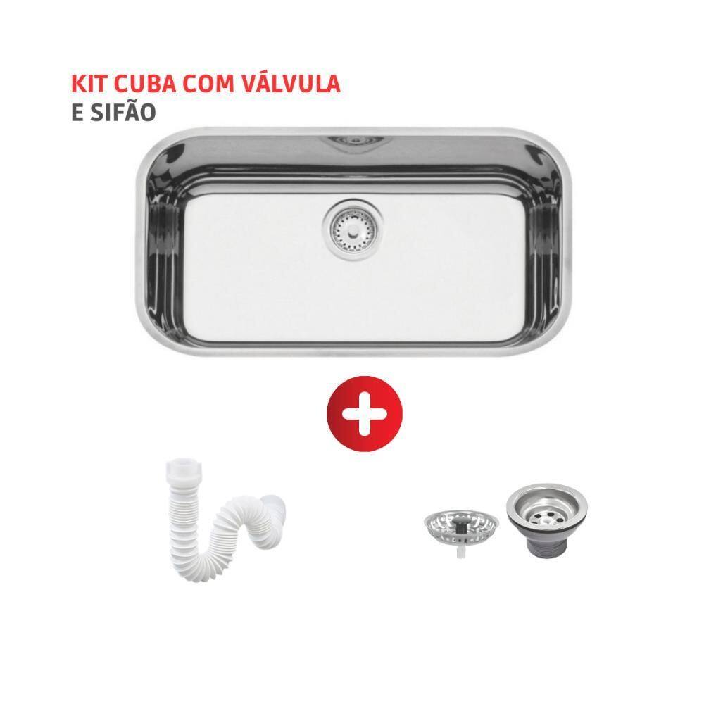 Cuba Lavínia 56 BL em aço inox alto brilho 56x34cm com válvula Tramontina com Sifão Sanfonado Universal Simples 1.1/2"