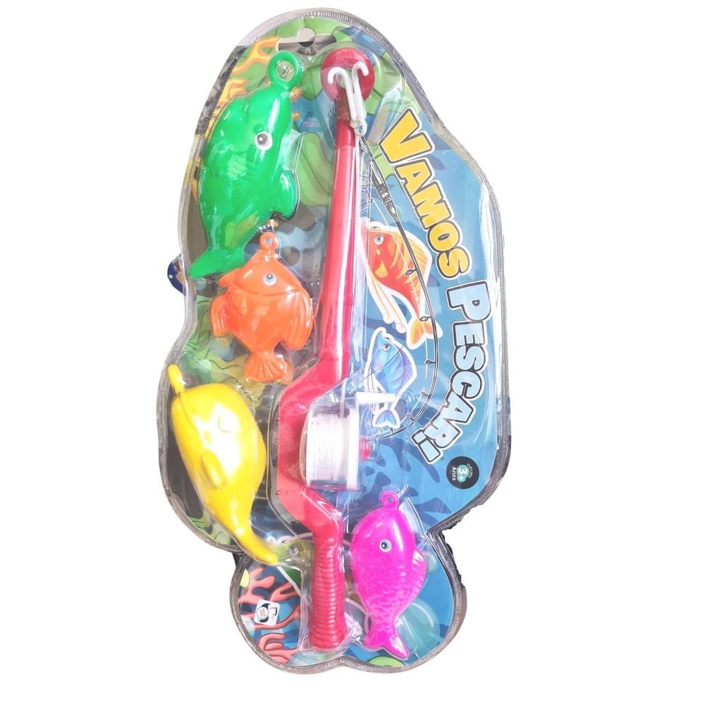 Brinquedo Vamos Pescar Vara Com Molinete + 4 Peixes-Pescaria