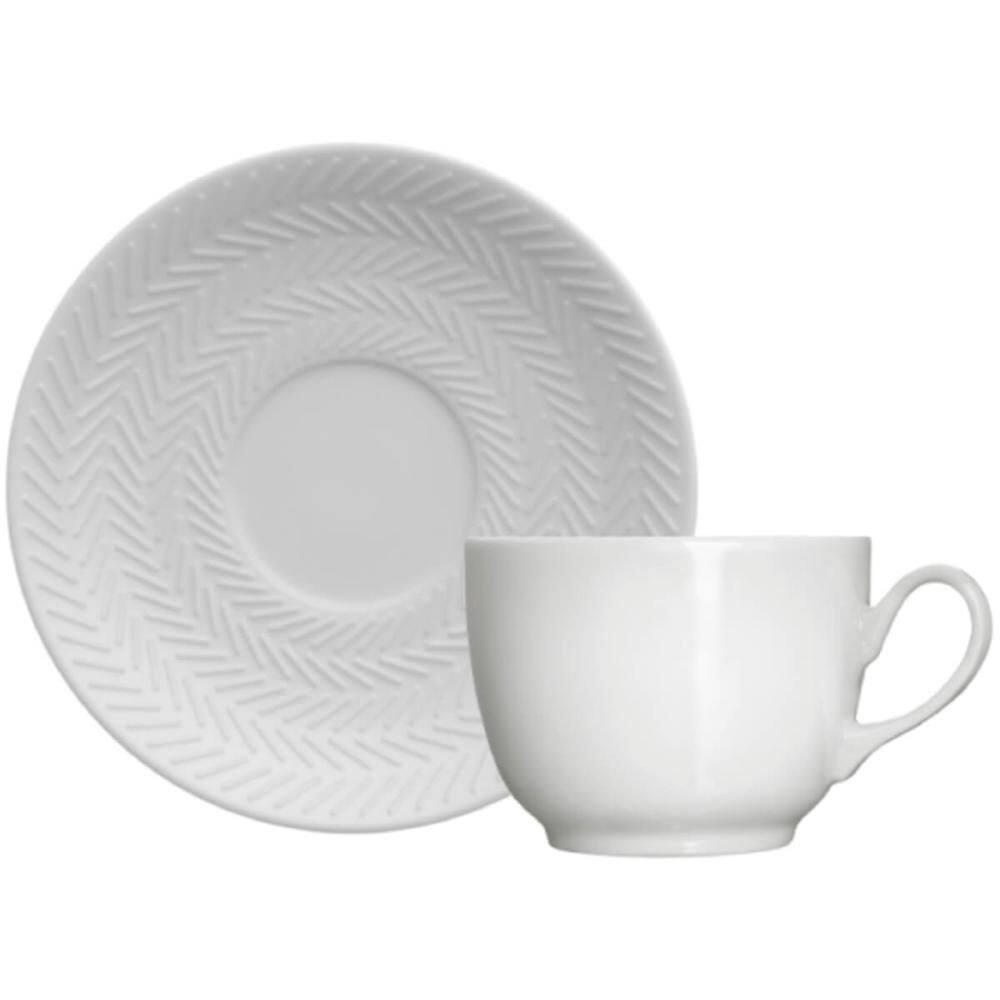 Xícara de Café com Pires Relevo 75ml em Porcelana Branca Chevron Germer