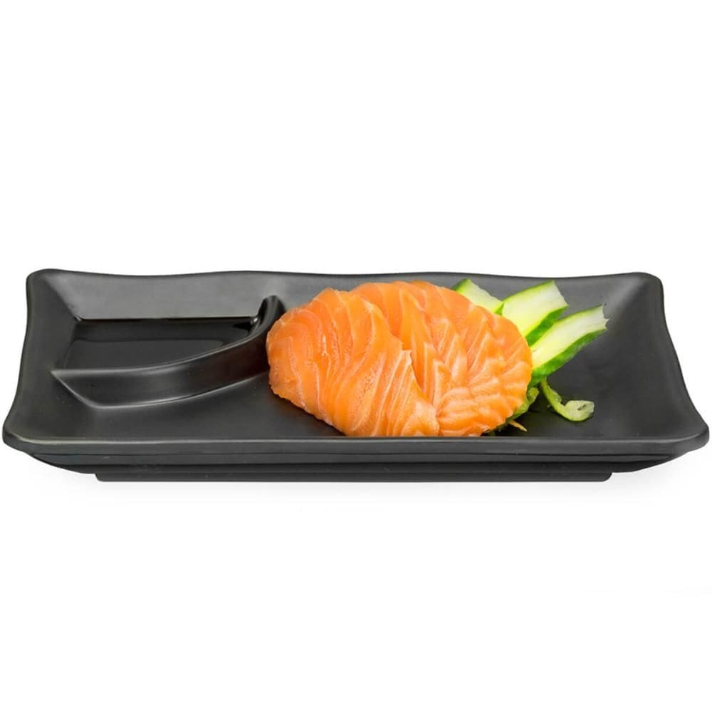 Prato para Sushi Sashimi Com Porta Shoyu 19x12cm Melamina Preto Comida Japonesa