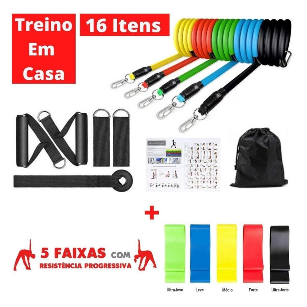 Treino Em Casa Kit 5 Mini Band + Kit 11 Elastico Extensor