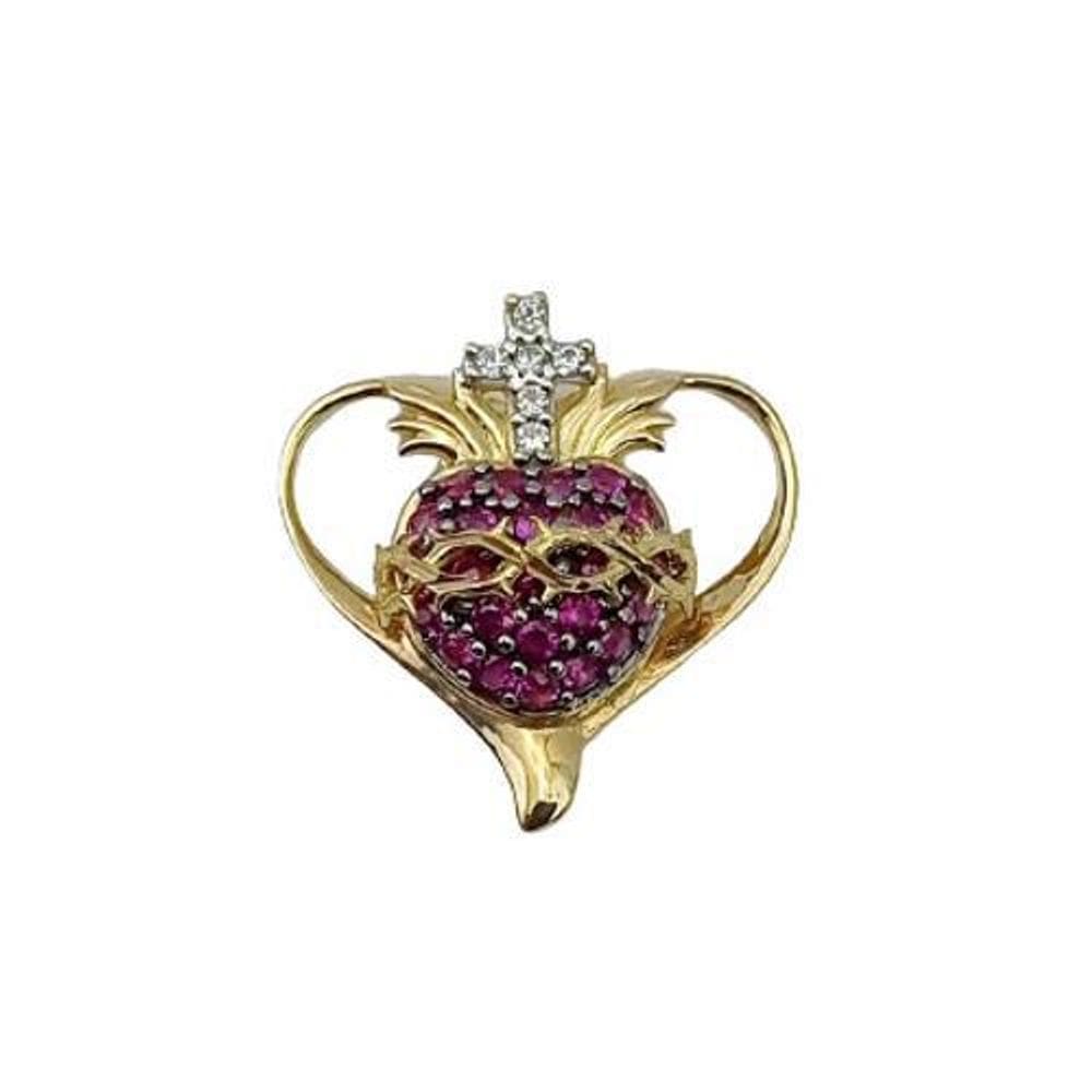Pingente Sagrado Coração Zircônia Vermelha Em Ouro 18K