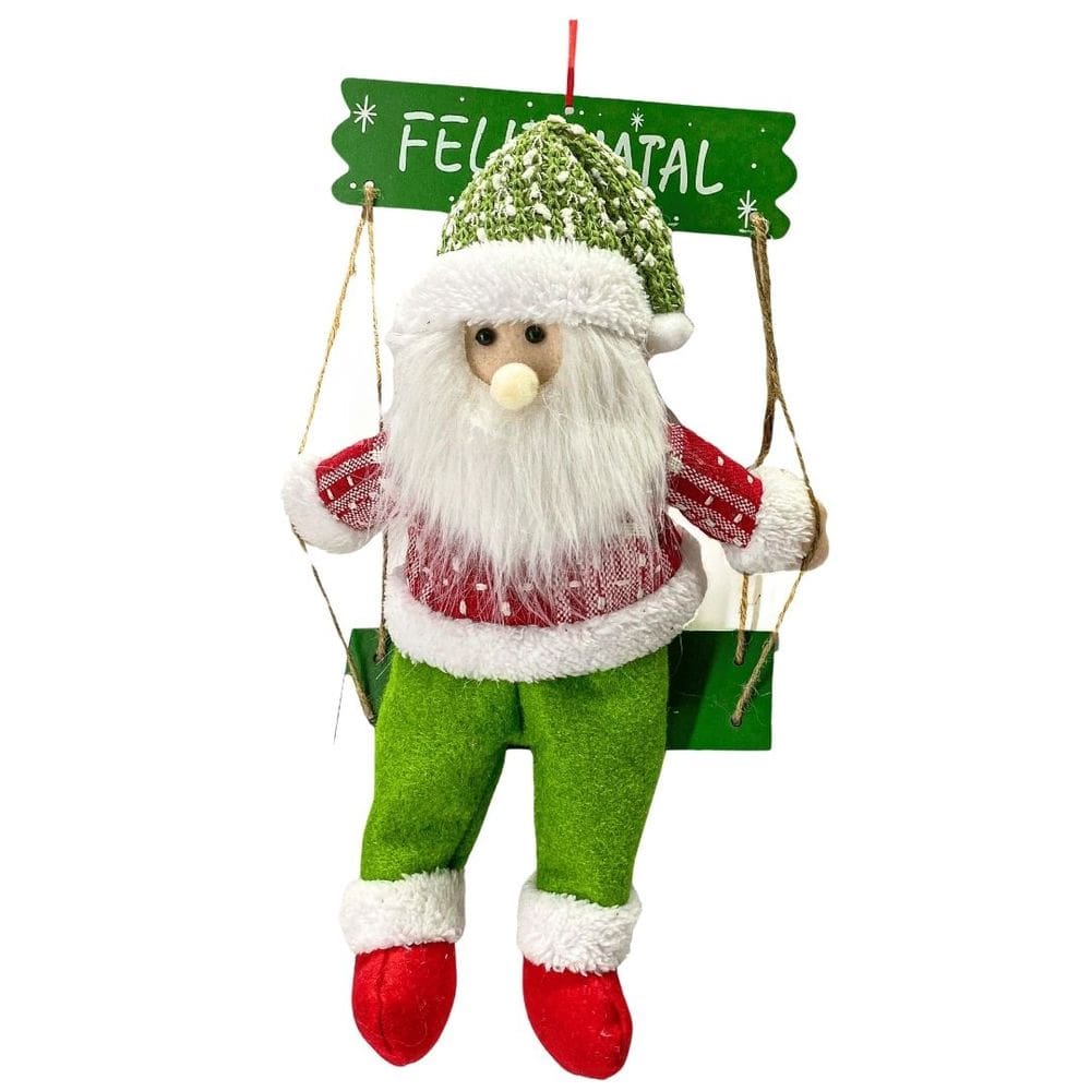 Papai Noel Gangorra Madeira Pelúcia Tricô Xadrez Vermelho e Verde 40cm - Magizi