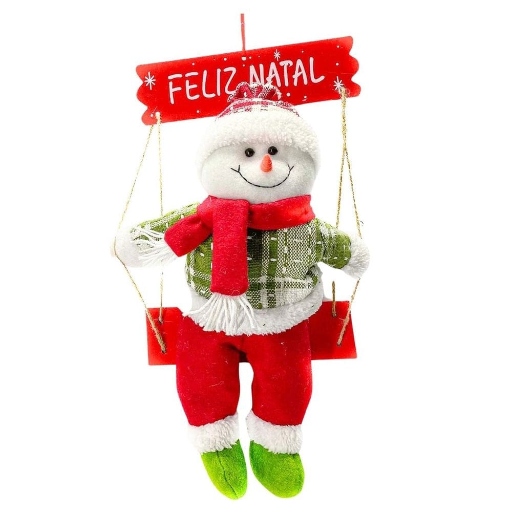 Boneco de Neve Gangorra Madeira Pelúcia Tricô Xadrez Vermelho e Verde 40cm - Magizi