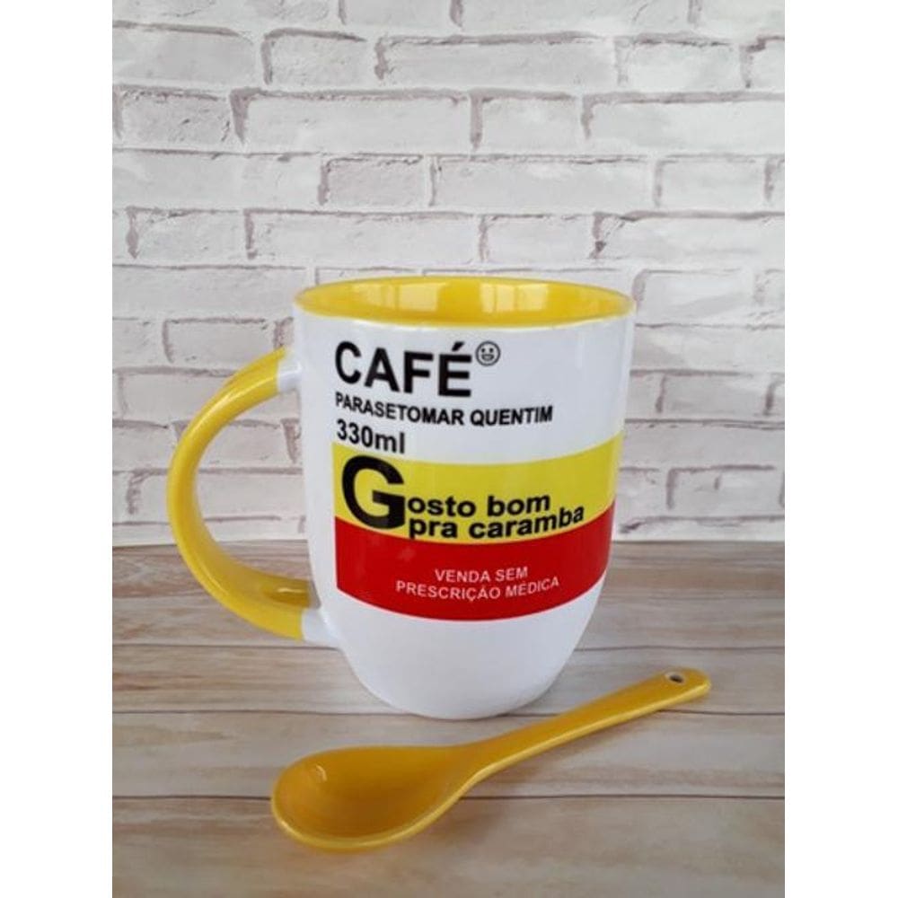 Caneca Café Amarela c/ Colher - Presente Ideal