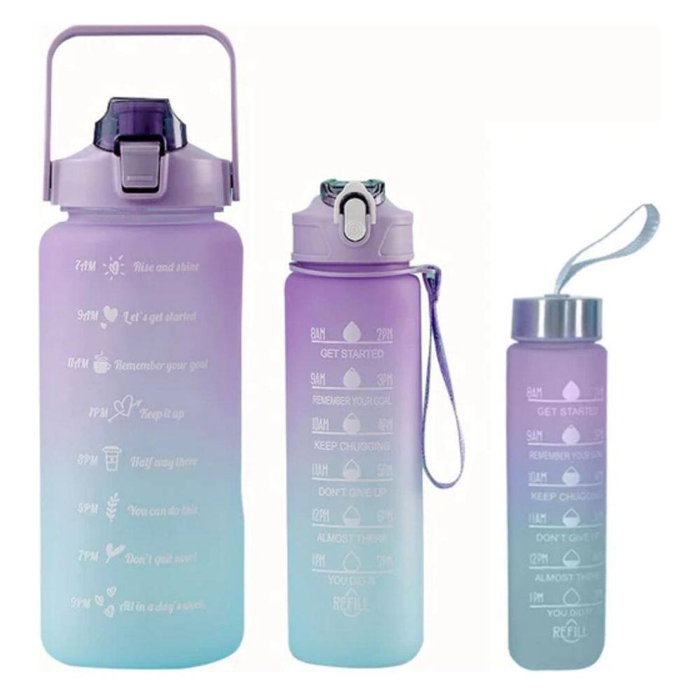 Kit com 3 Garrafas De Água Motivacional Roxo / Lilás 2 Litros + 800ml + 500ml