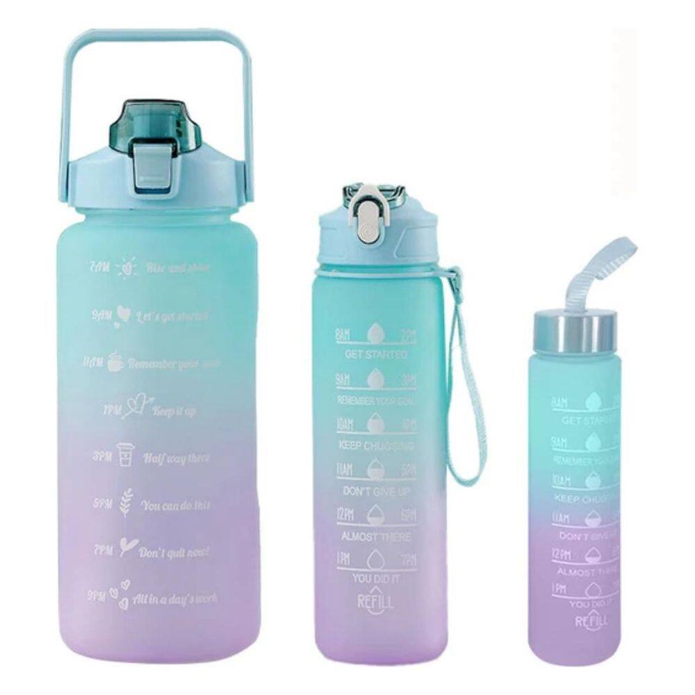 Kit com 3 Garrafas De Água Motivacional Verde 2 Litros + 800ml + 500ml