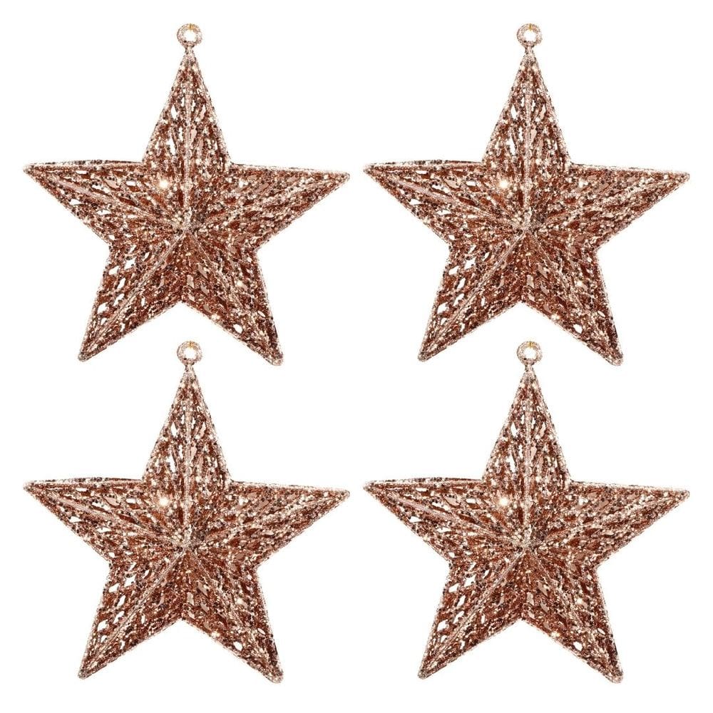 Kit 4 Estrelas Decorativas Natal Glitter Vazado Rosê Gold 18cm - Magizi