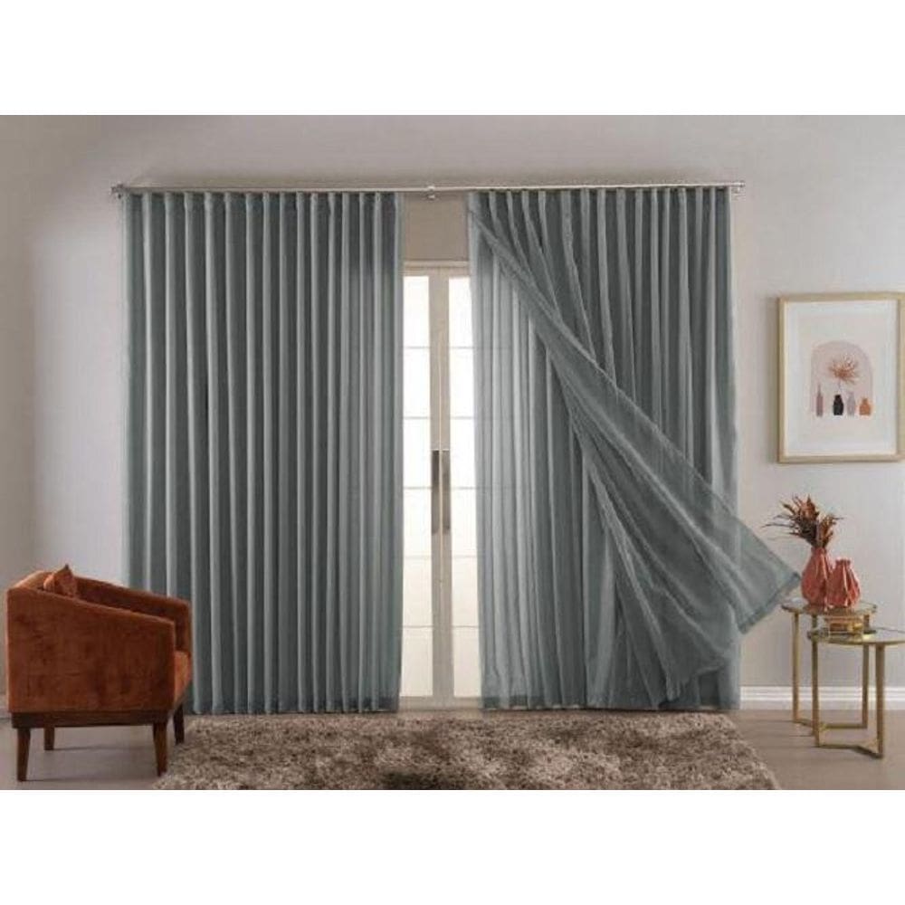 Cortina Trilho Suiço Duplo Forro Com Linho Cinza 6.00 X 2.60