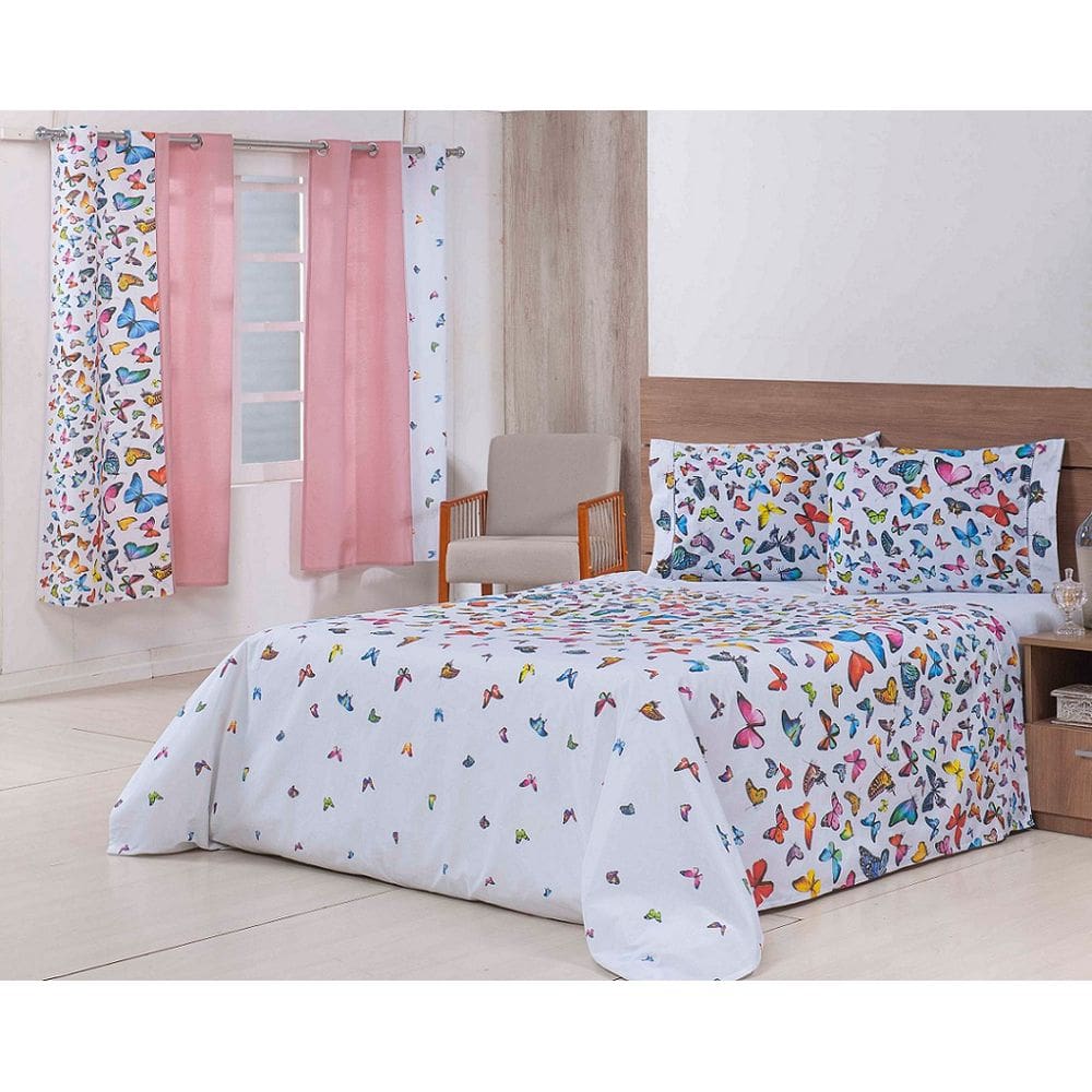 Jogo Lençol 4 Peças Cama Viúva 1,88mx1,28mx25cm 100% Algodão 180 Fios Borboletas Coloridas