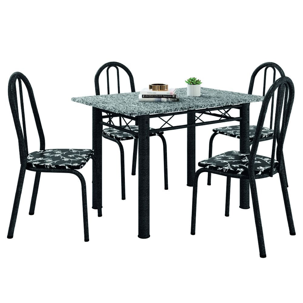 Conjunto Sala De Jantar Mesa Sara Com 4 Cadeiras Diva 1,20m Granito Preto Craquelado/Floral Artefamol