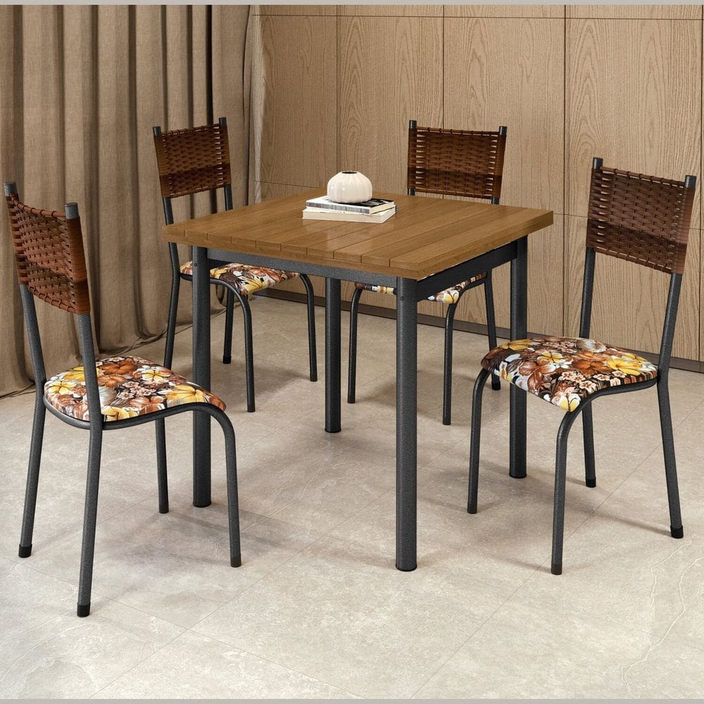 Conjunto Sala de Jantar 4 Cadeiras Mesa 75x75cm Tampo Madeira Maciça Ripado Mariana Marteladao Prata/Flórida
