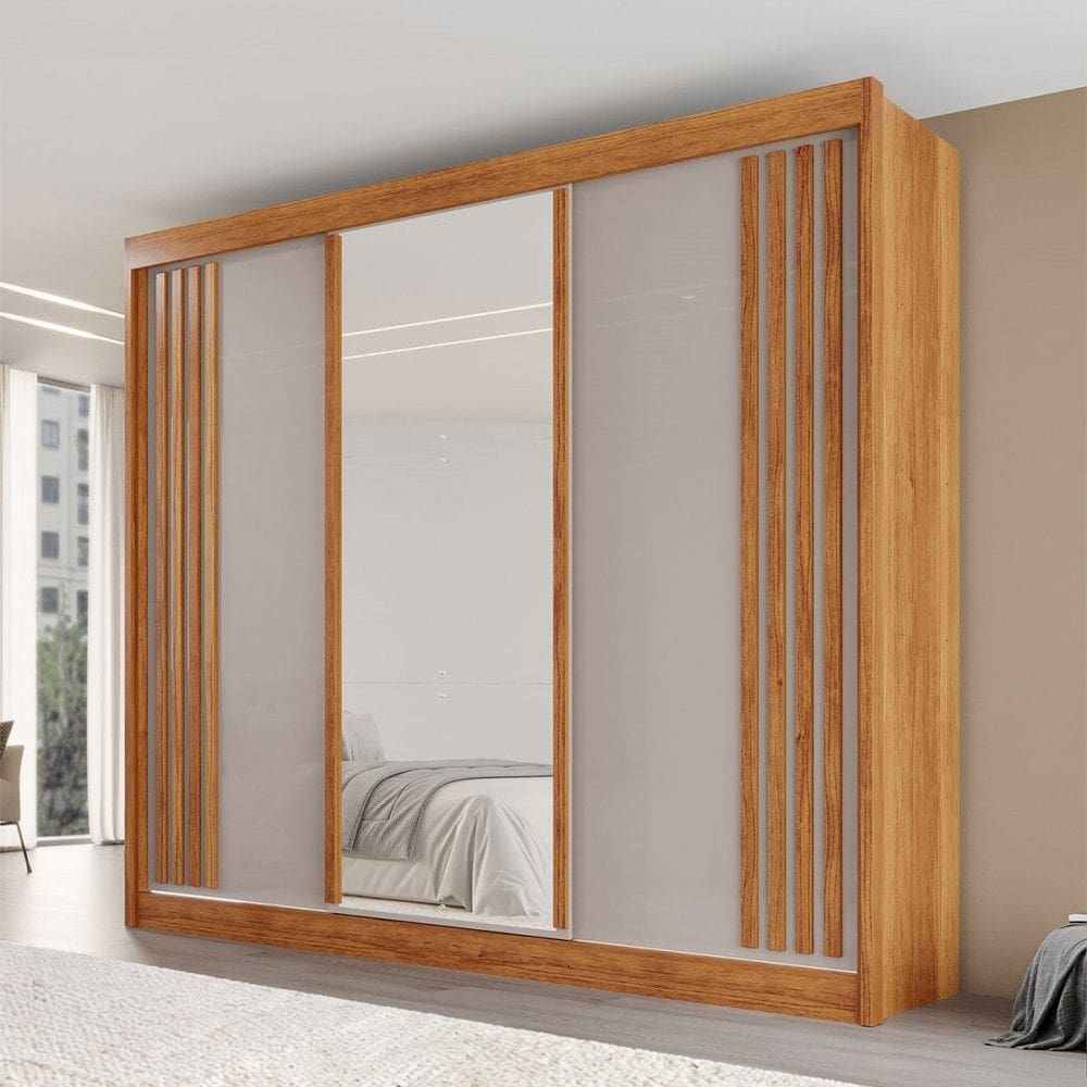 Guarda-Roupa Casal Dortmund 3 Portas 4 Gavetas com Espelho Ripado 100% Mdf Cinamomo/Off White - Pnr Móveis