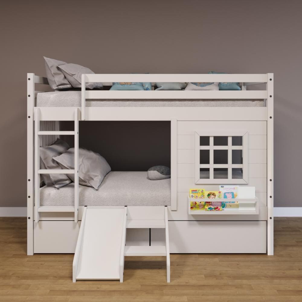 Beliche Infantil com Janela Gavetas Escorregador e Cortina Madeira Maciça Branco Housin