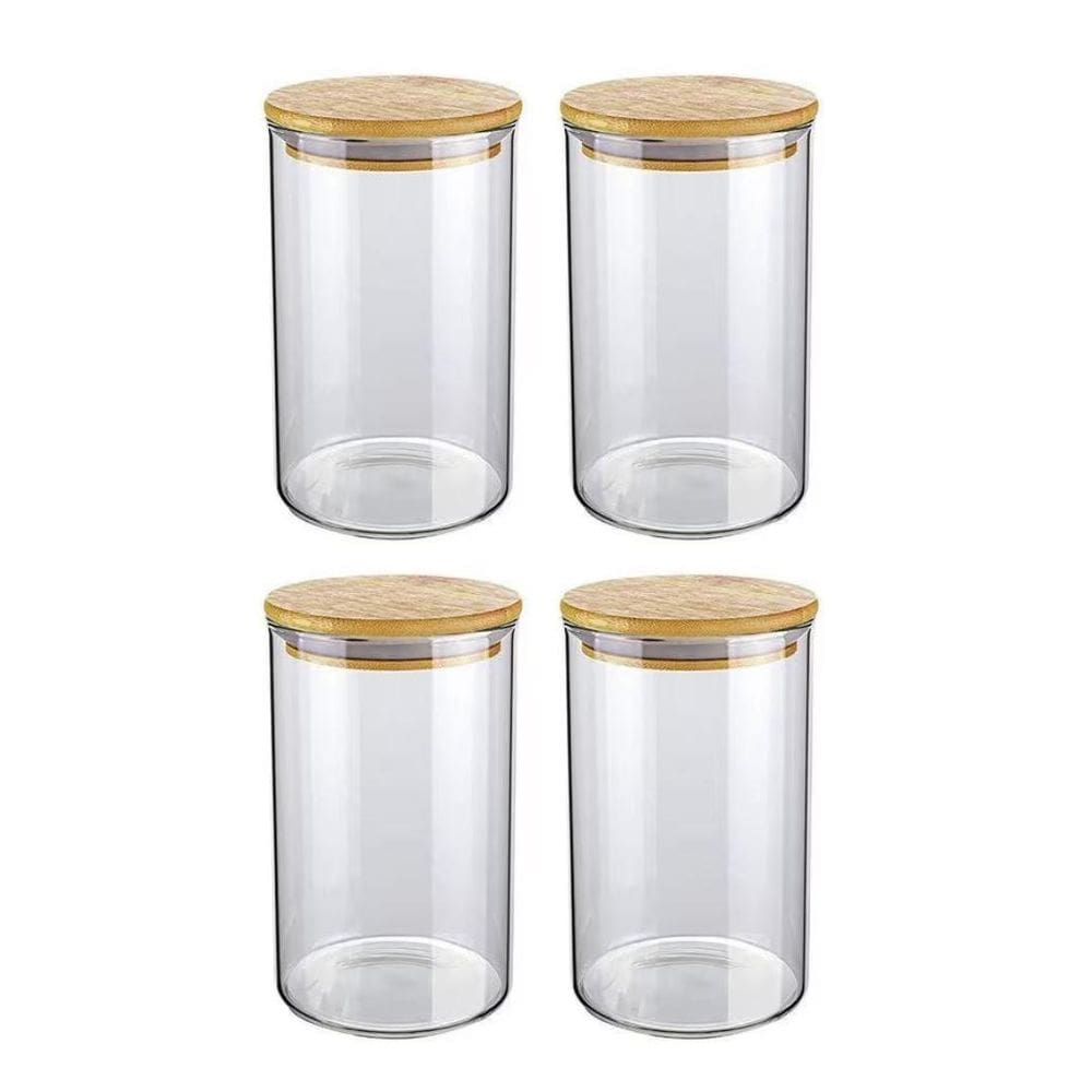 Kit 4 Potes Hermético De Vidro Tampa Bambu Para Condimentos