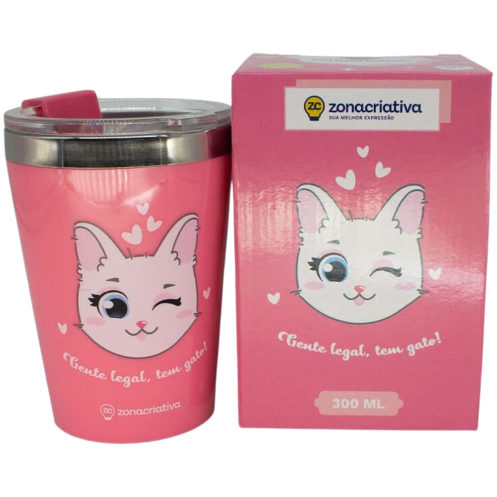 Copo Gente Legal Tem Gato Gata Cat Rosa Térmico Quente Gelado 300ml Com Tampa