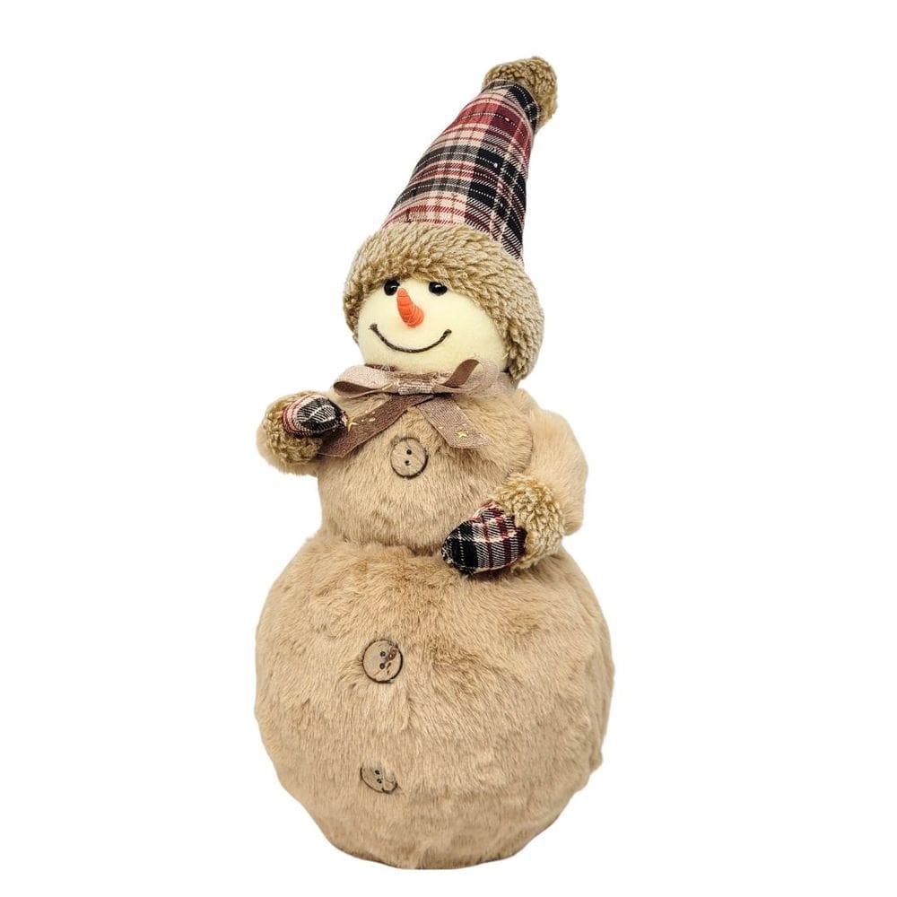 Boneco de Neve Decorativo Natal Pelúcia Marrom Claro Gorro Xadrez 39cm - Master Christmas