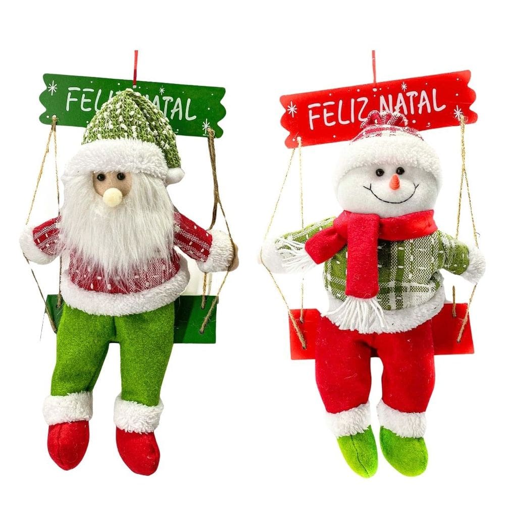 Jogo Papai Noel e Boneco de Neve Gangorra Madeira Pelúcia Tricô Xadrez Vermelho e Verde 40cm