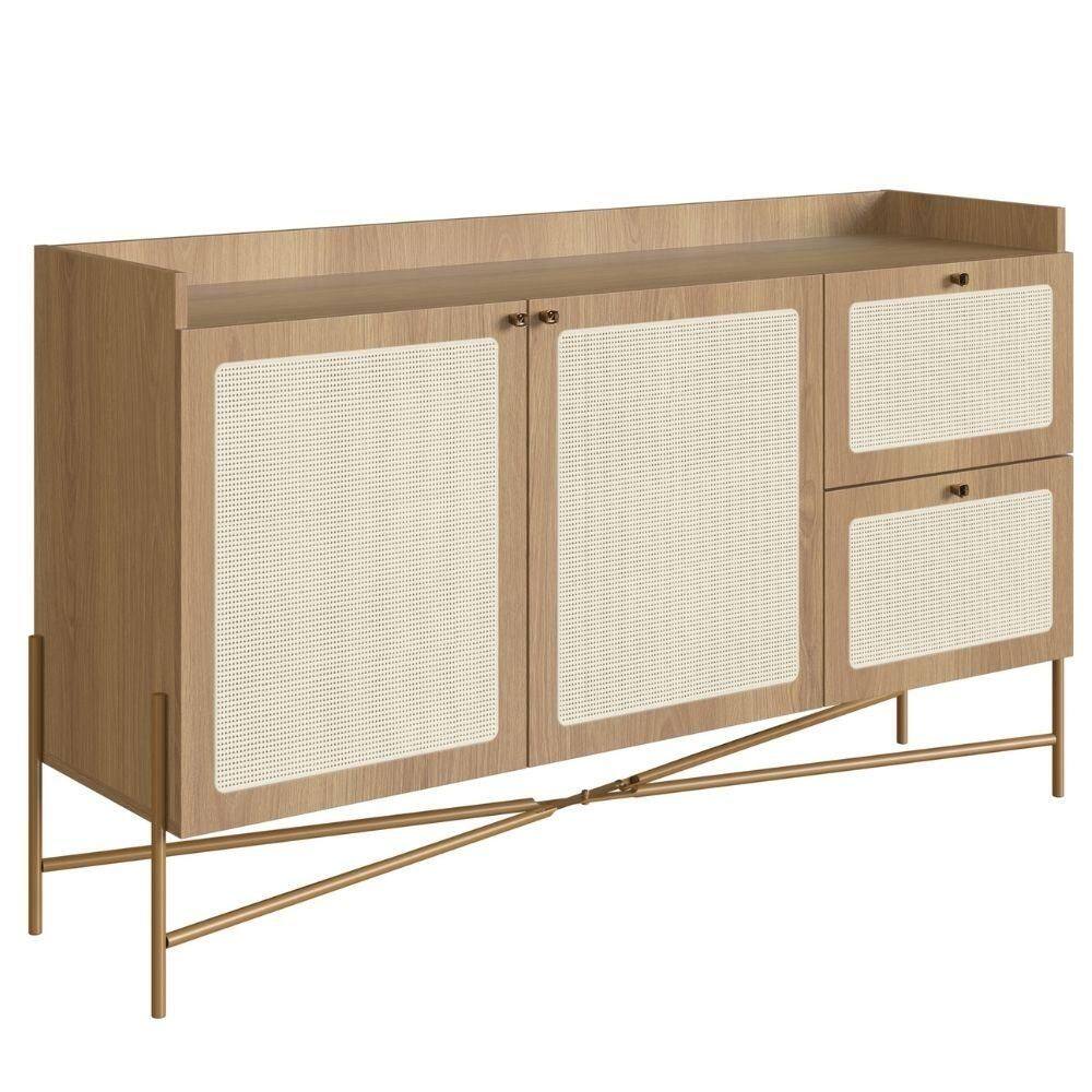 Balcão Buffet 2 Portas Oslo Artesano 139 cm (larg) MDP Hanover Palha Sintética Bege Pé Metal Dourado