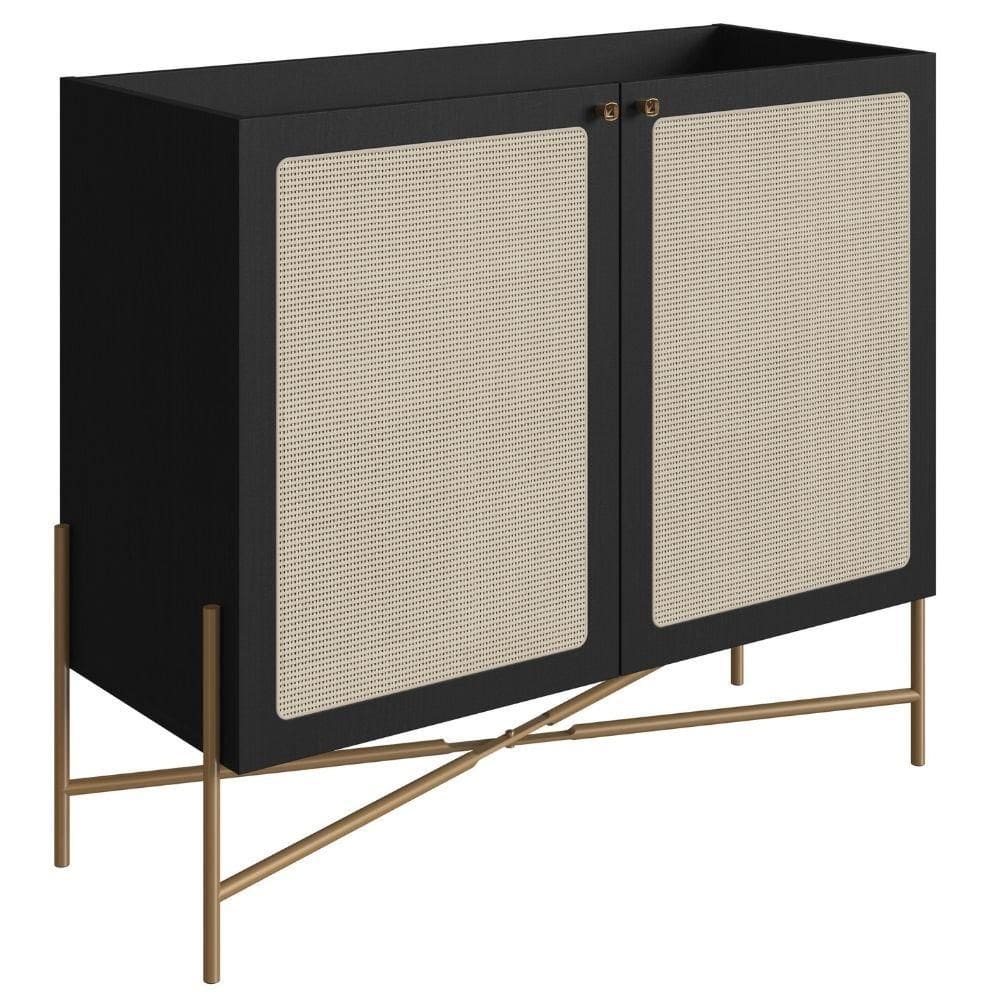 Balcão Bar Buffet 2 Portas Oslo Artesano 93 cm (larg) MDP Nero Palha Sintética Bege Pé Metal Dourado