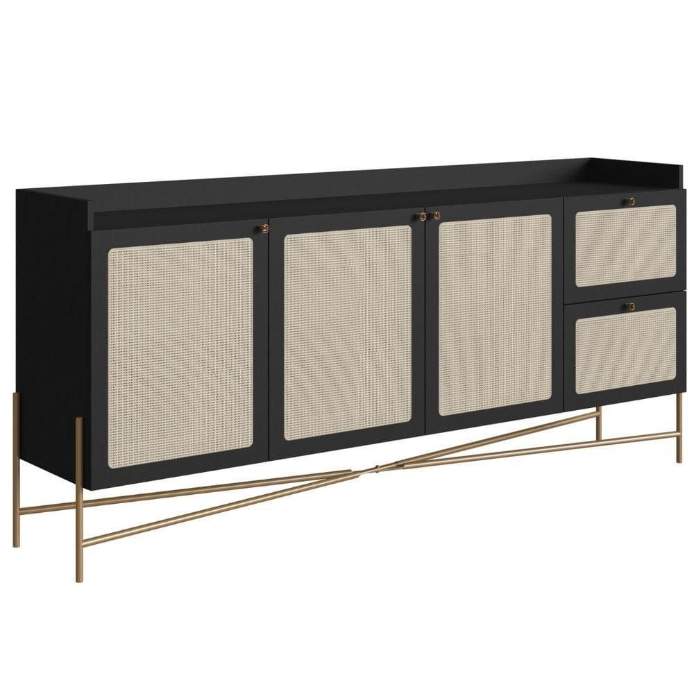 Balcão Buffet 3 Portas Oslo Artesano 183 cm (largura) MDP Nero Palha Sintética Bege Pé Metal Dourado